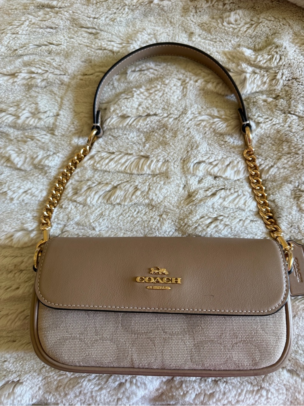 Coach Taupe Pebble Leather & Signature Canvas Shoulder Bag with Gold Chain